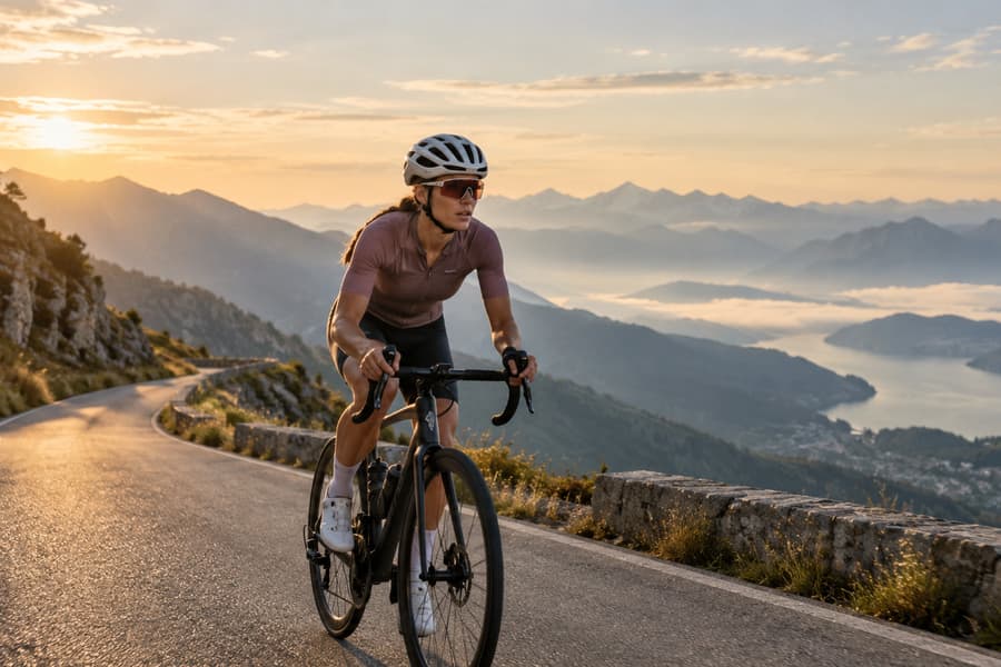 A road cyclist climbing a mountain road above a lake