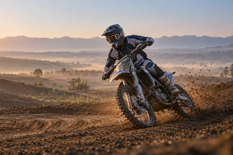 A motocross rider cornering on a dirt track at sunrise