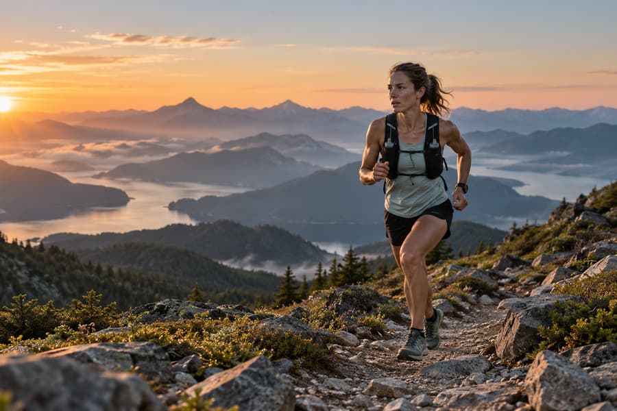 A trail runner on a mountain ridge at sunrise