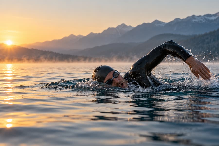 An open-water swimmer in a wetsuit at sunrise
